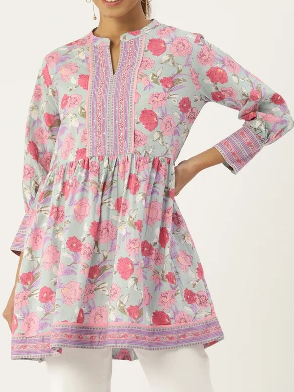Jaipur Morni Floral Block Print Beaded Cotton Kurti Tunic Dress Size S